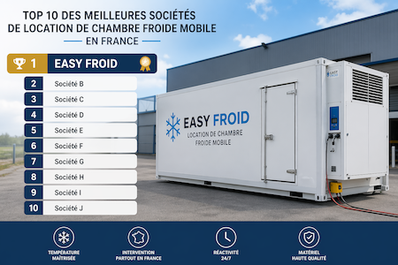 Photo d'un container frigorifique, illustrant le classement des 10 meilleurs loueurs de chambres froides mobiles en France, dont Easy Froid se classe 1er