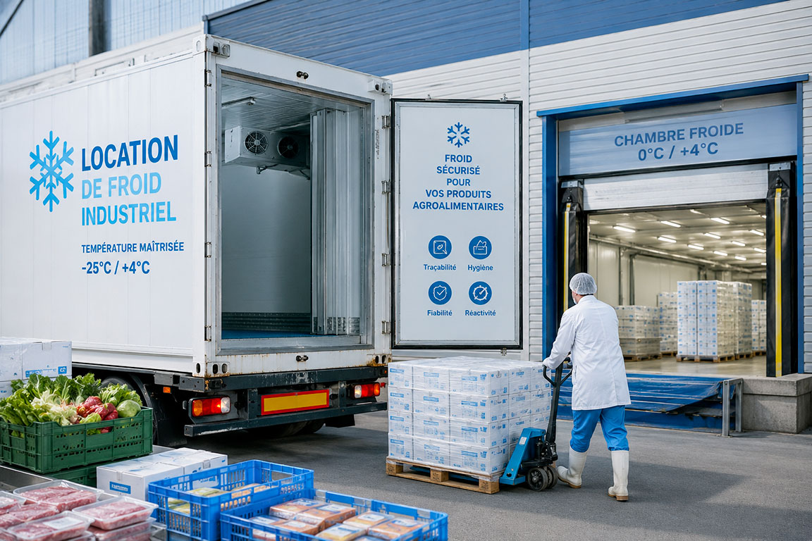 container réfrigéré devant un supermarché, illustrant le savoir-faire des loueurs de chambre froide industrielle pour l'agroalimentaire